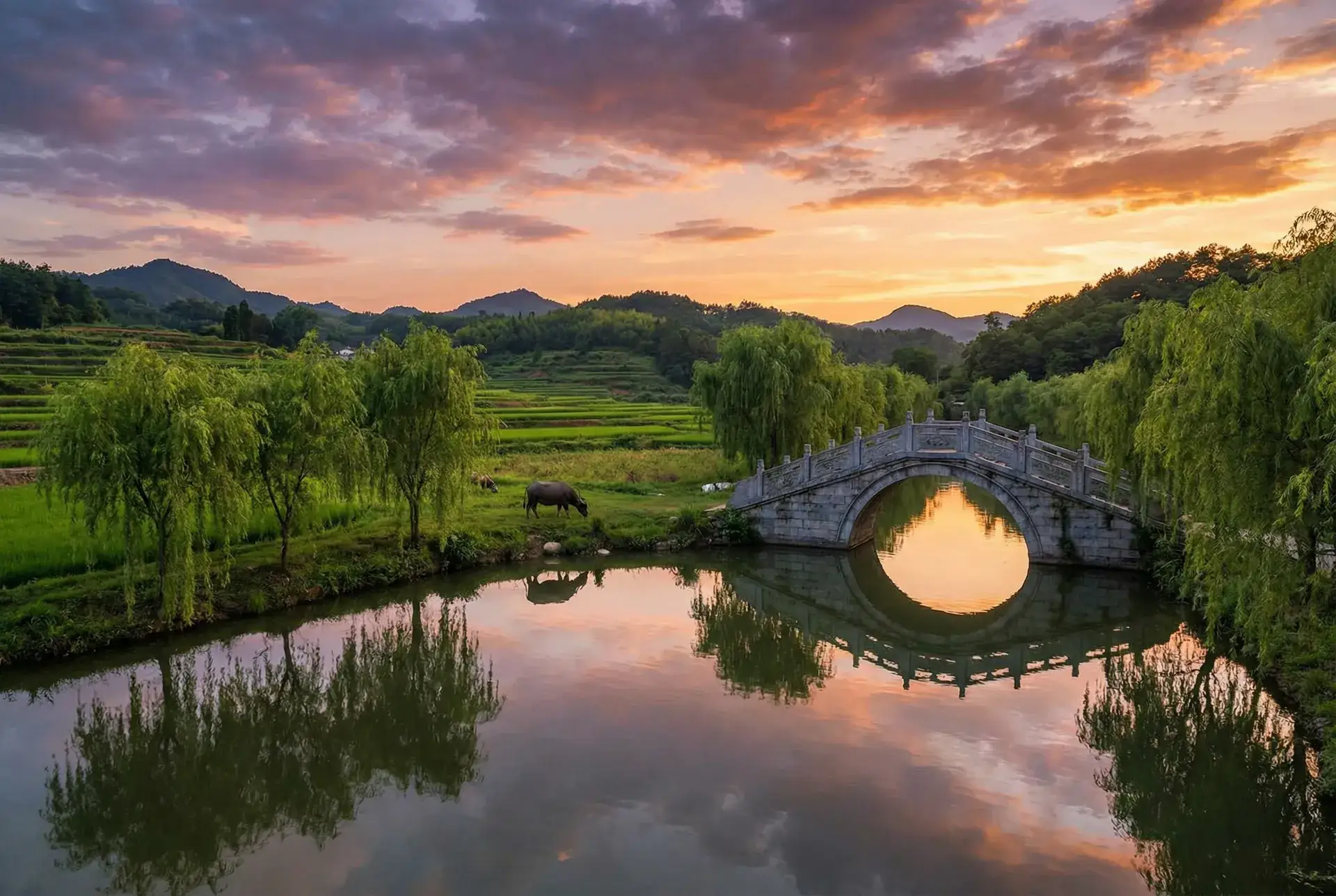 夕阳下的石拱桥与垂柳，水牛在河边吃草 - 冰糖陷阱 乡村美景